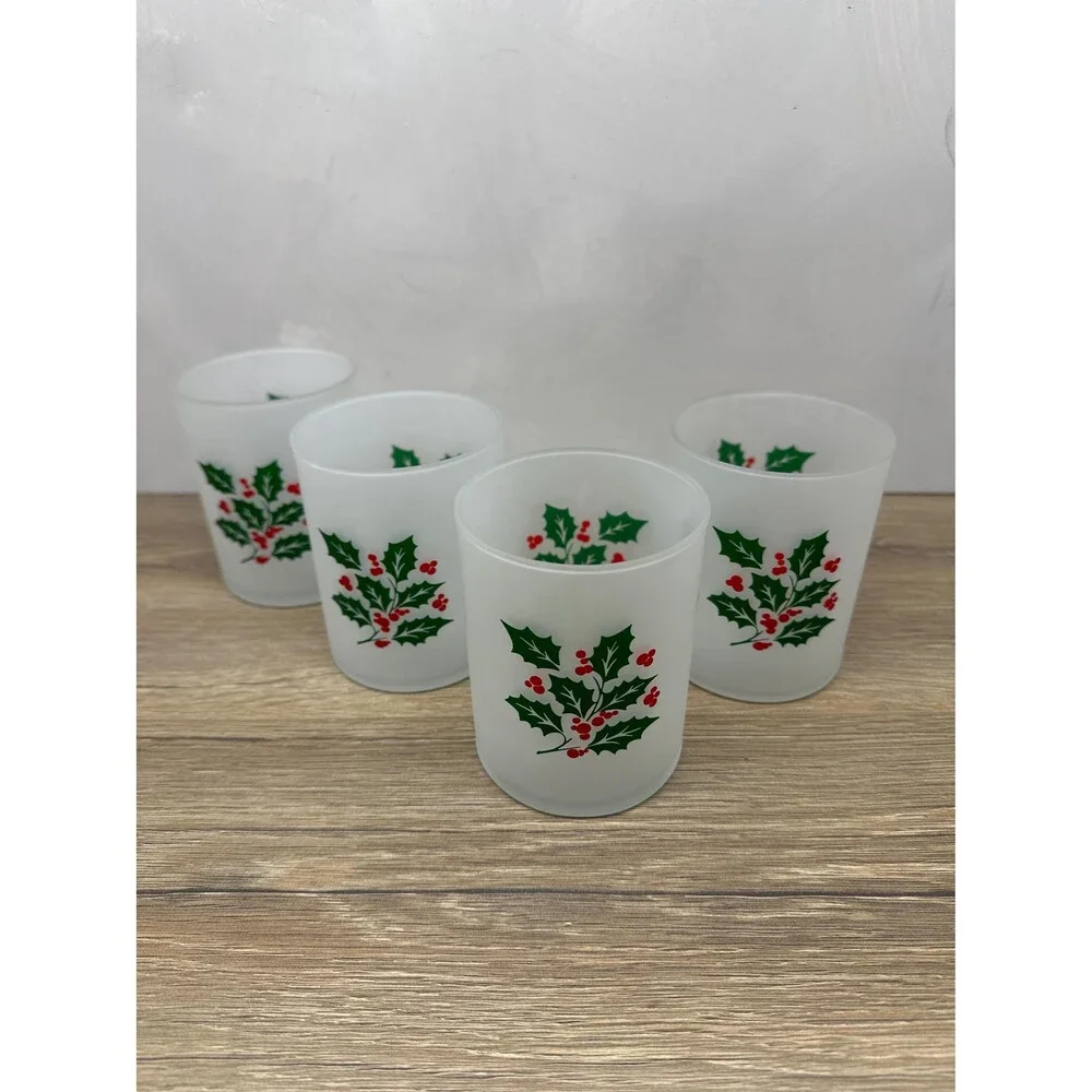VTG Indiana Glass Frosted Holly Berry Double Old Fashioned Rocks Glasses Set/4